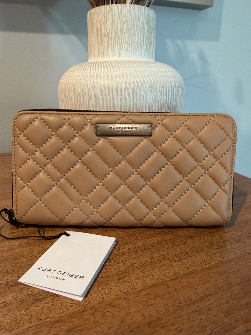 Kurt Geiger Quilted Leather Zip Around Wallet in Camel